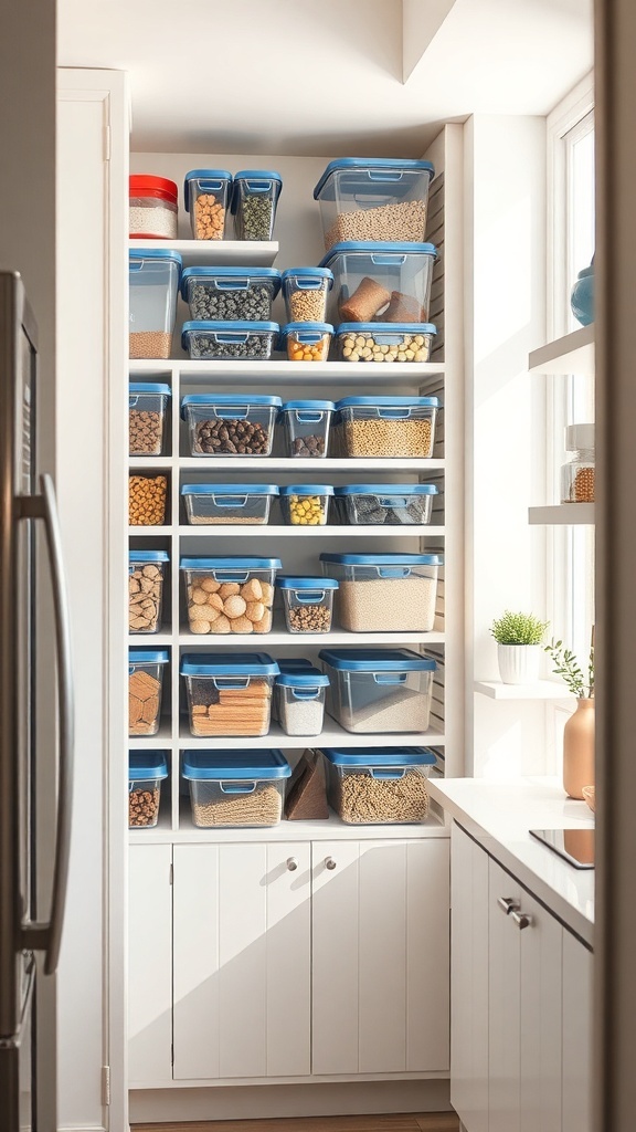 A well-organized small kitchen pantry with stackable containers, bright natural light, and a minimalist design.