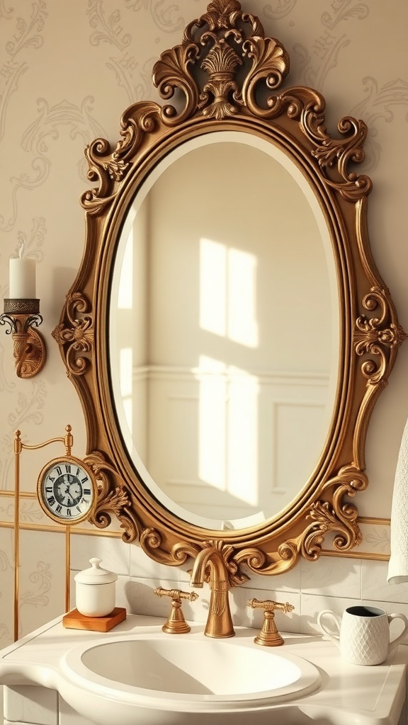A vintage mirror with an ornate golden frame reflecting a well-lit bathroom.