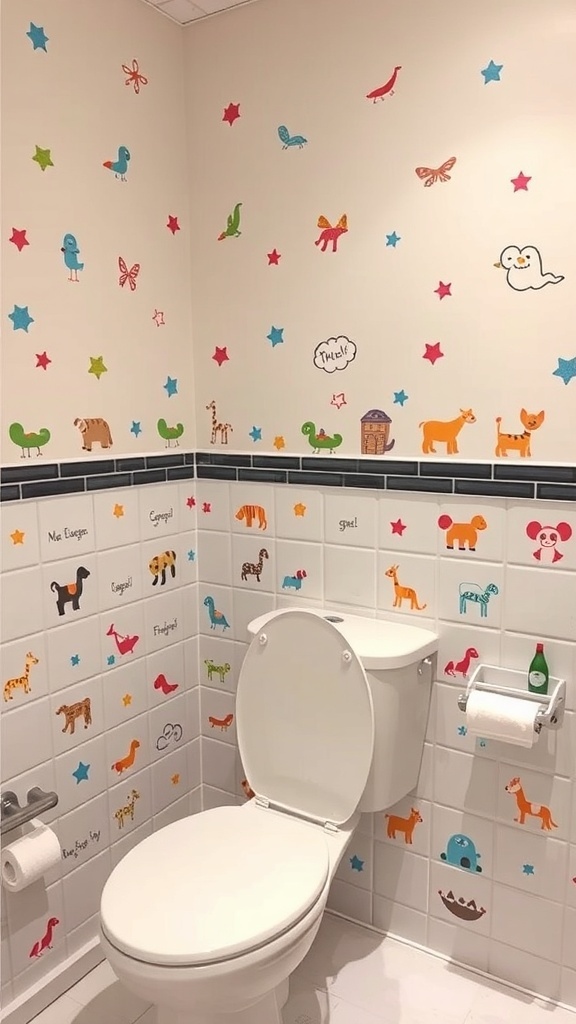 Colorful bathroom wall decals featuring animals and stars