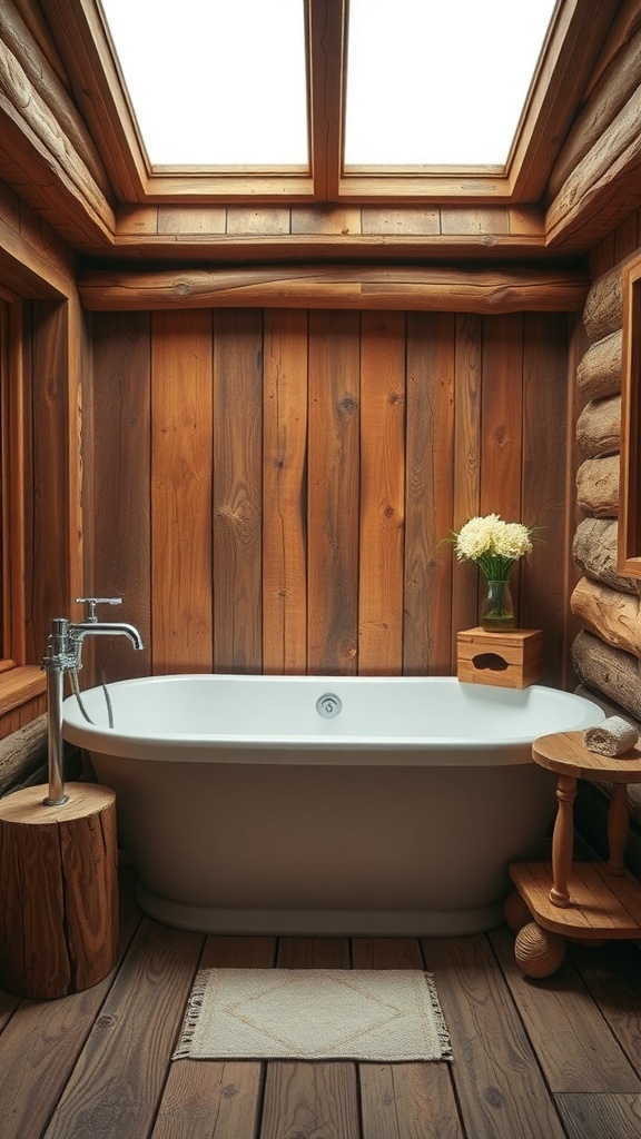 Cozy bathroom with rustic wood accents and a white tub