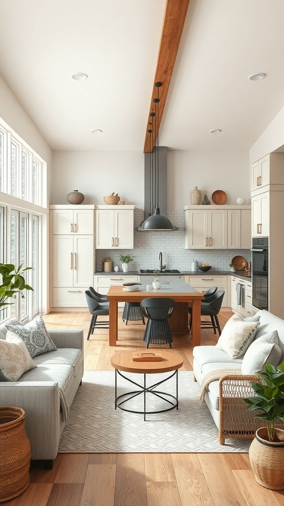 A modern farmhouse kitchen with an open concept layout featuring a wooden island, stylish seating, and large windows.