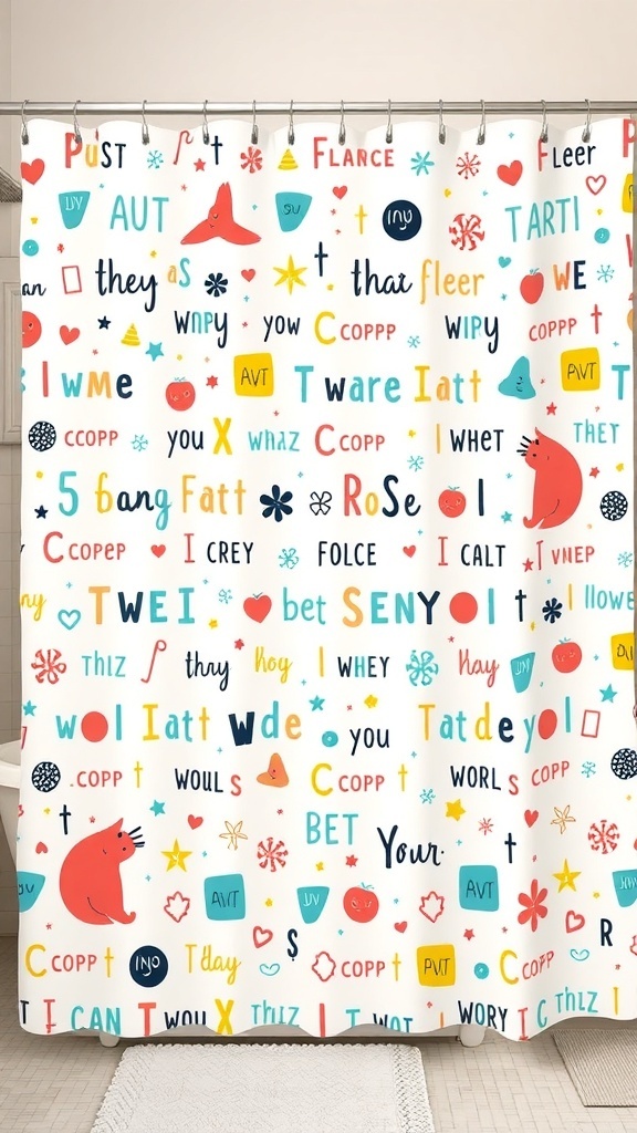 A colorful and whimsical shower curtain filled with playful designs and cheerful words.