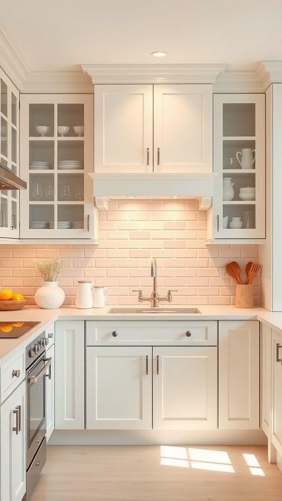 A stylish kitchen featuring a soft pastel brick backsplash with white cabinets and modern accents.