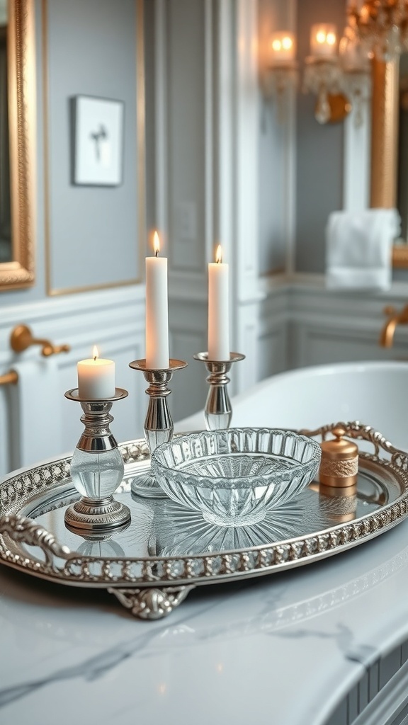 A silver tray with candles, a glass bowl, and a gold container on a bathroom countertop.