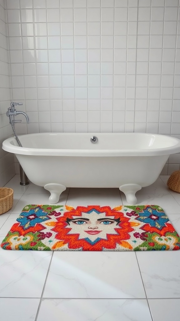 Colorful decorative bath mat with a face design in front of a white bathtub