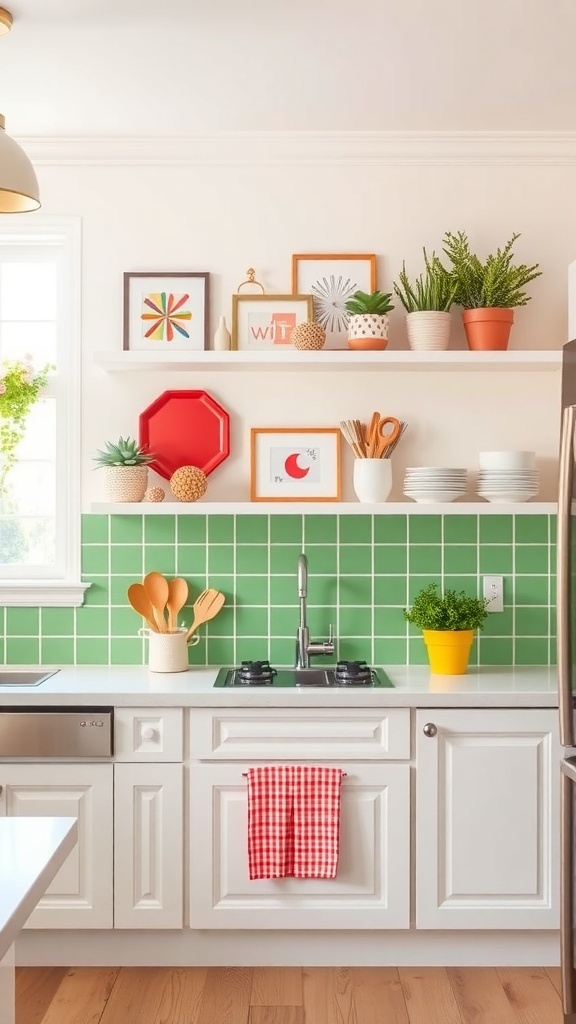 A modern kitchen featuring a green and white striped backsplash with white cabinets and decorative plants.