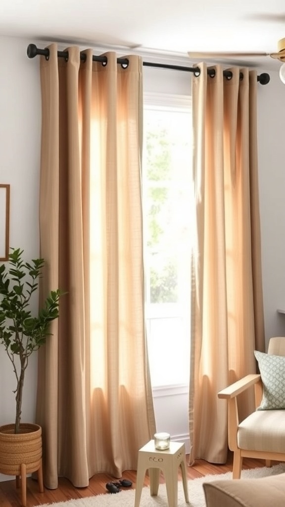 Light beige farmhouse style curtains in a living room setting