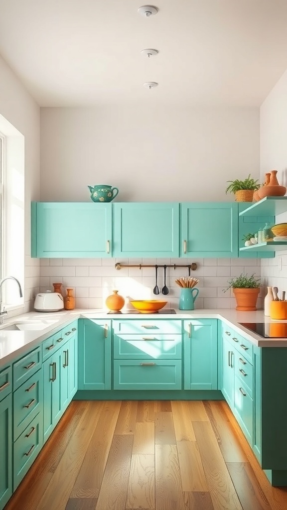 A modern kitchen featuring mint green cabinets, wooden flooring, and bright decor.