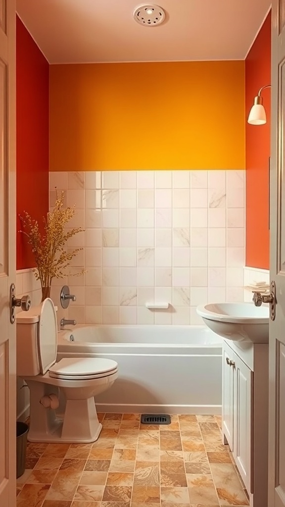 A bathroom with autumn-colored walls in orange and yellow, featuring white tiles and a cozy decor.