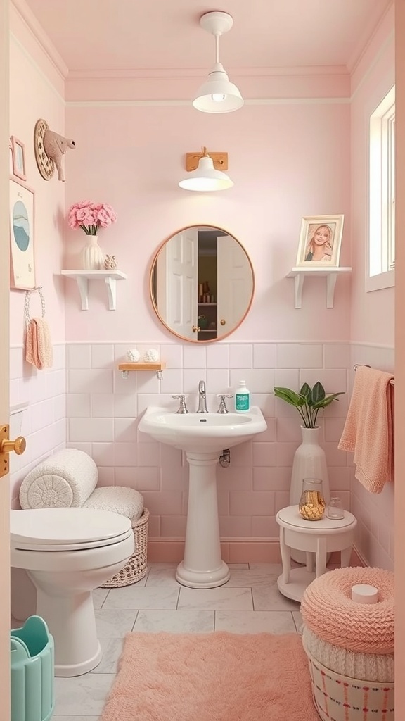 A pastel-themed bathroom with pink walls, a round mirror, and decorative shelves.