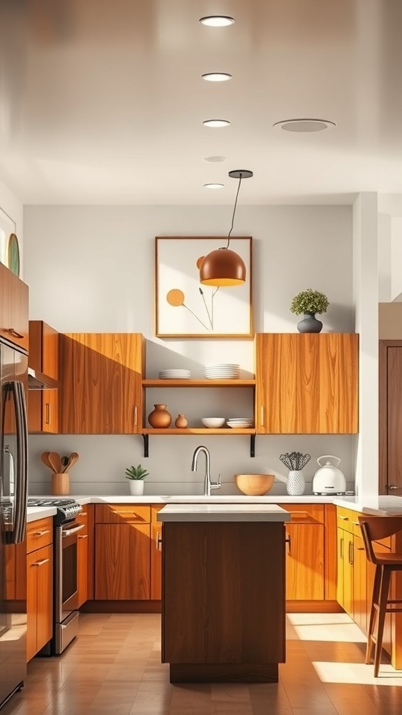 A modern mid century kitchen featuring warm wood cabinets and artistic wall art.