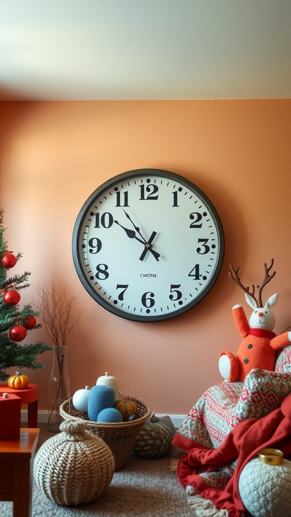 A large wall clock in a cozy living room decorated for the holiday season.