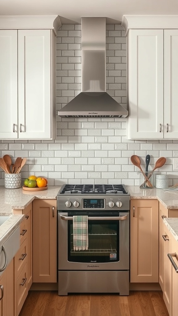 A kitchen featuring retro glass subway tiles as a backsplash, with white cabinets and warm wood tones.