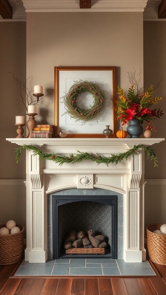A beautifully decorated farmhouse living room mantel featuring a wreath, seasonal flowers, and candles.