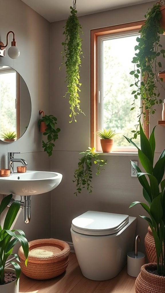 A nature-inspired bathroom with hanging plants, potted greenery, and natural light.
