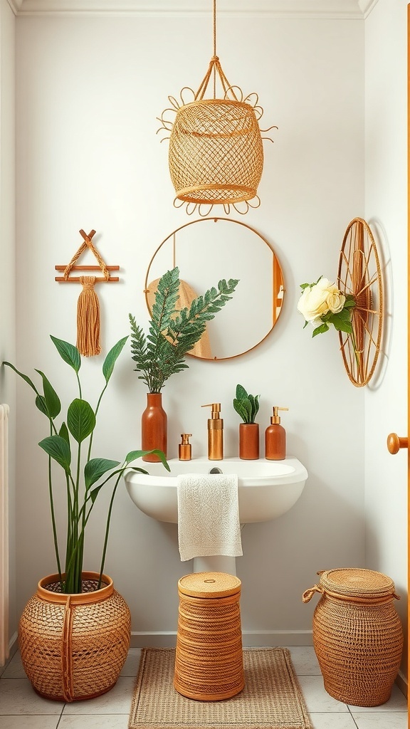 A bohemian bathroom featuring bamboo and rattan accessories, including a hanging light, woven baskets, and plants.