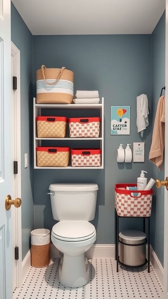 A stylish bathroom with organized storage solutions, featuring colorful baskets on shelves and a small cart for supplies.