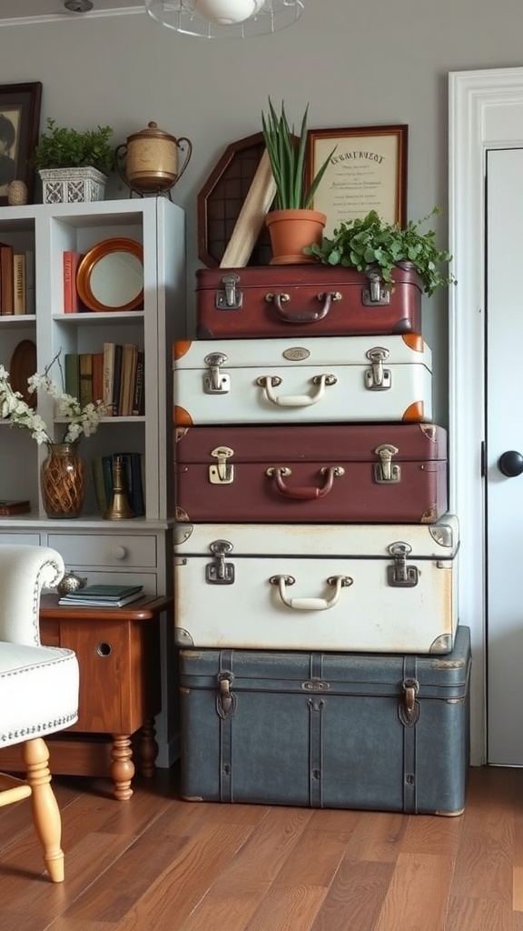 A stack of vintage suitcases in a farmhouse living room, decorated with a plant on top.