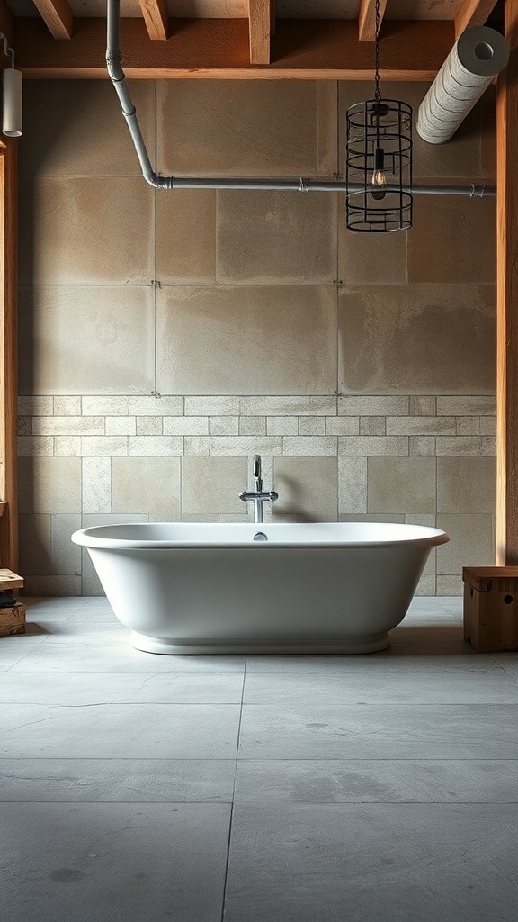 A modern freestanding bathtub in an industrial-style bathroom with exposed pipes and wooden accents.