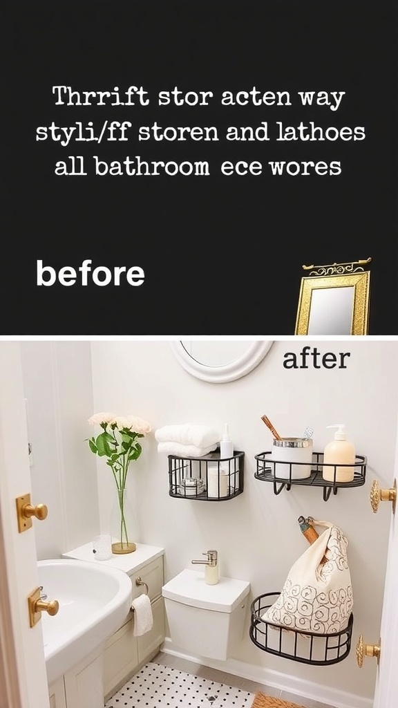 Before and after transformation of a bathroom using thrift store decor