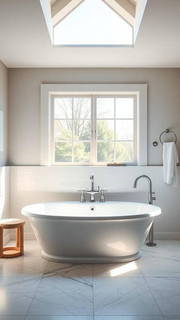 A bright modern farmhouse bathroom featuring a freestanding bathtub, large windows, and a wooden stool.