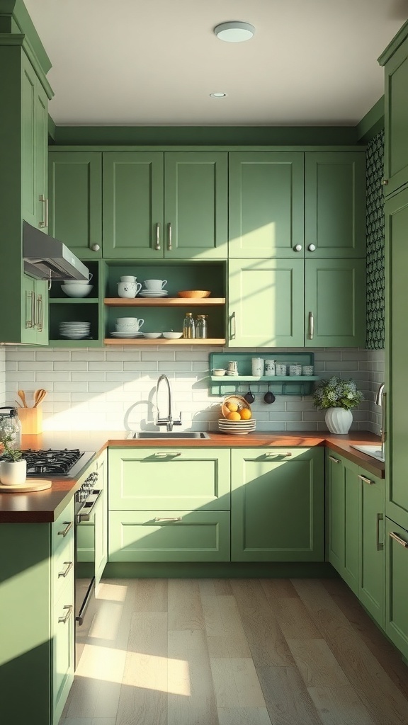 A modern kitchen featuring sage green cabinets, wooden countertops, and open shelving.