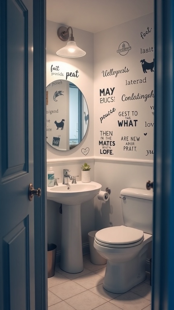 A small bathroom featuring a variety of wall decals with playful text, a round mirror, and a small plant on the sink.