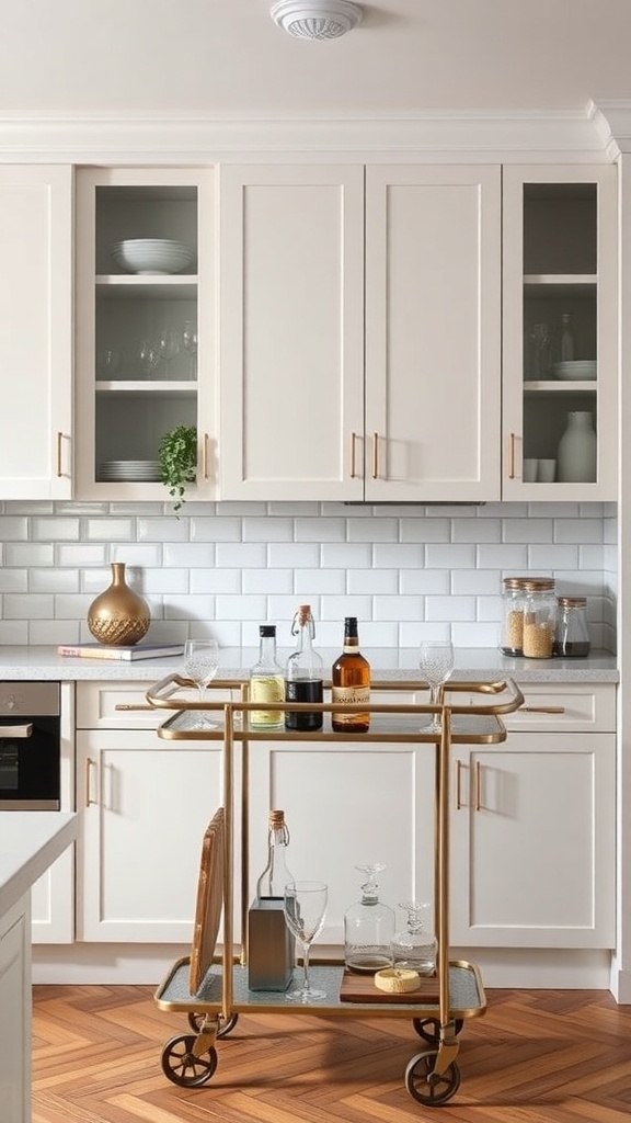 Stylish bar cart in a modern kitchen with white cabinets and a backsplash