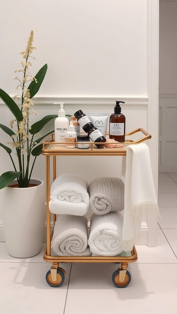 A stylish spa cart with towels and skincare products in a bathroom setting.