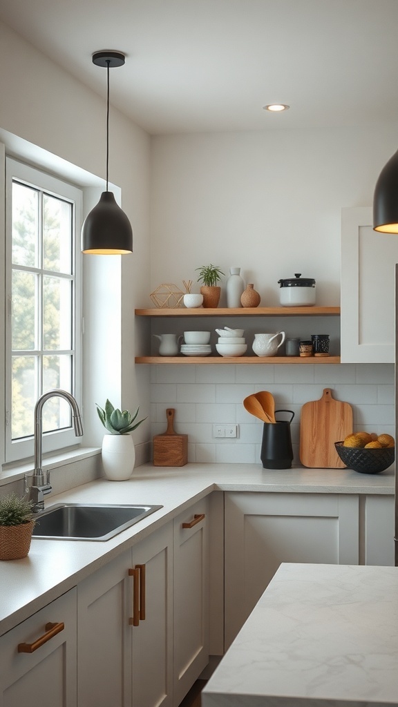 A modern kitchen with customized lighting controls, featuring pendant lights and open shelving.