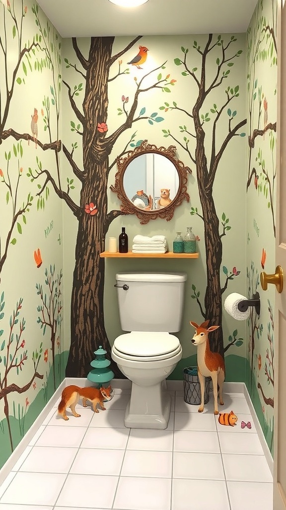 A whimsical bathroom decorated with tree murals, animal figurines, and a vintage mirror.