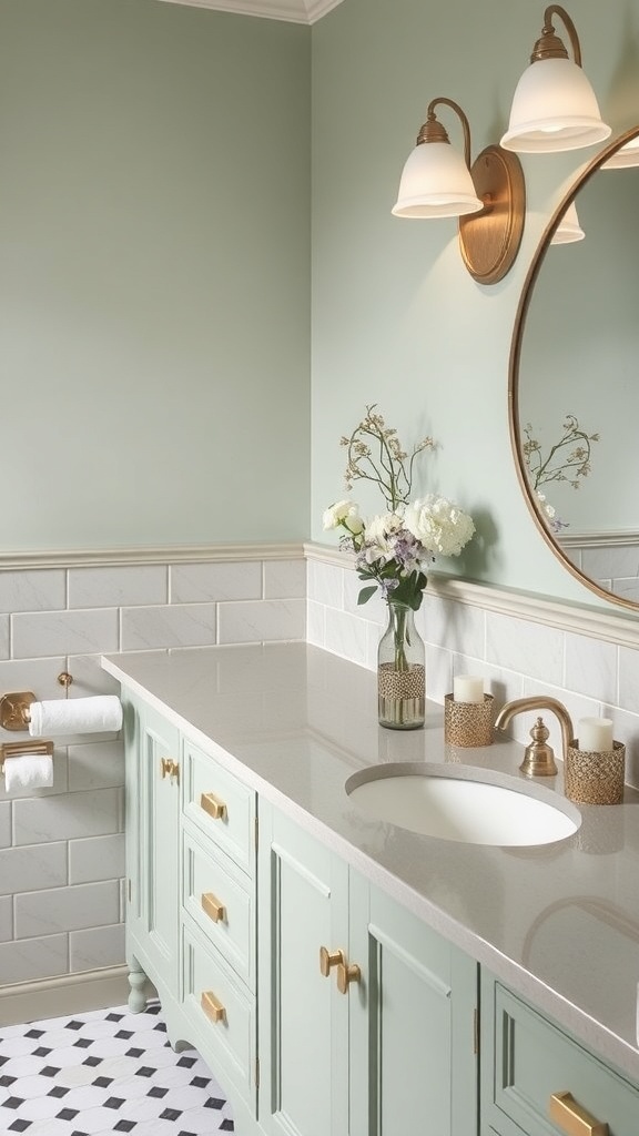 A bathroom featuring sage green cabinetry and a light countertop, with gold fixtures and decorative flowers.