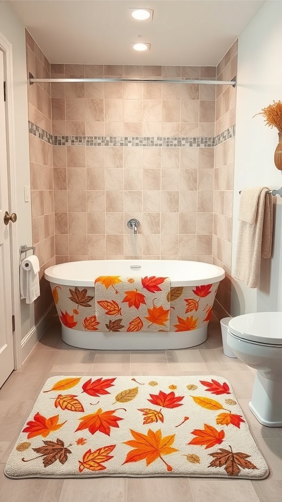 A bathroom featuring a fall-themed bath mat with colorful leaves, a white bathtub, and neutral tile.
