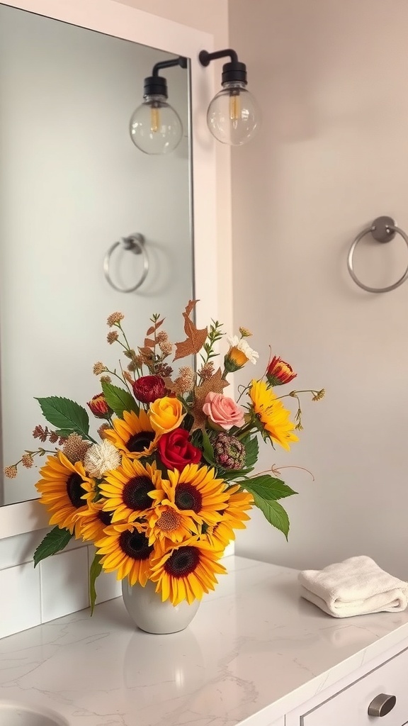 A vibrant floral arrangement featuring sunflowers and roses in a bathroom setting.