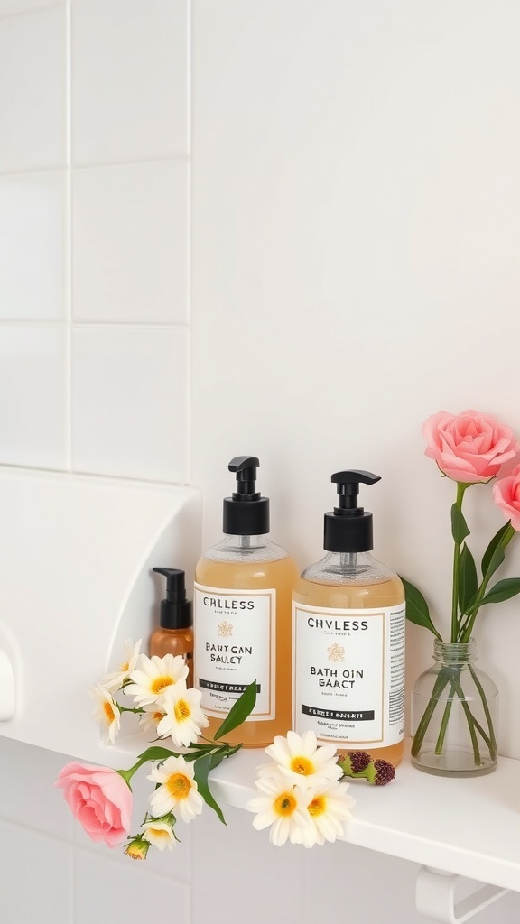 Scented bath products on a shelf with flowers