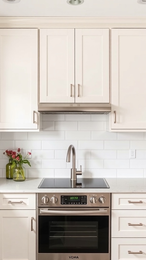 A modern kitchen featuring a white backsplash and sleek appliances, showcasing the potential of two-tone shiplap.