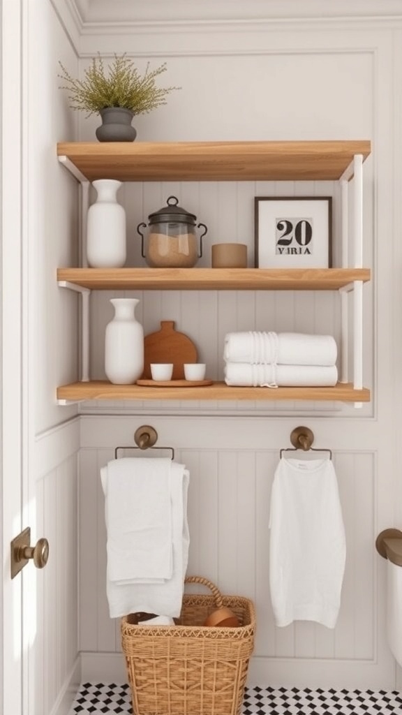 Charming farmhouse bathroom shelving with wooden shelves, white vases, towels, and a woven basket.