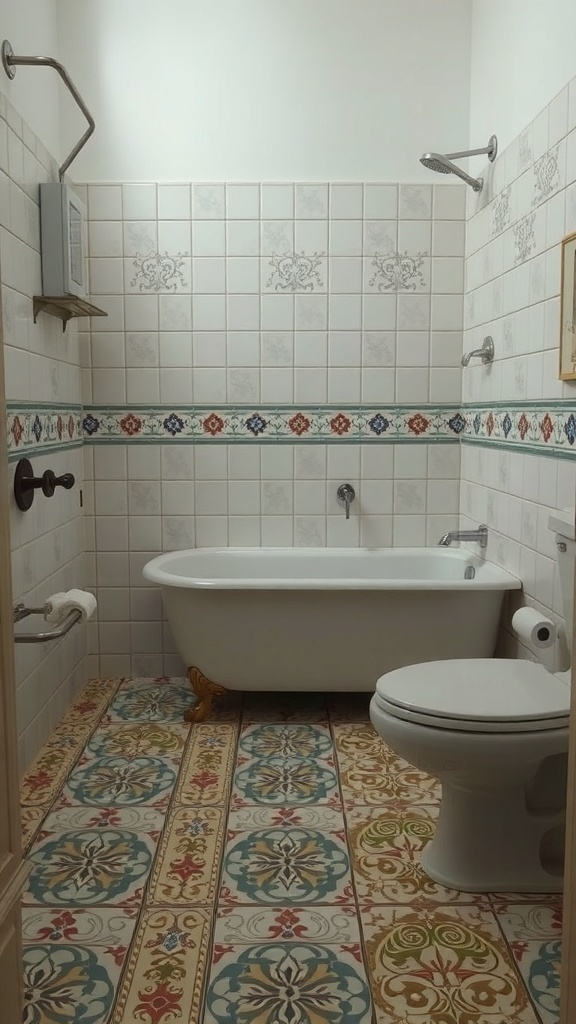 A vintage bathroom with colorful patterned tiles on the floor, a white bathtub, and simple fixtures.