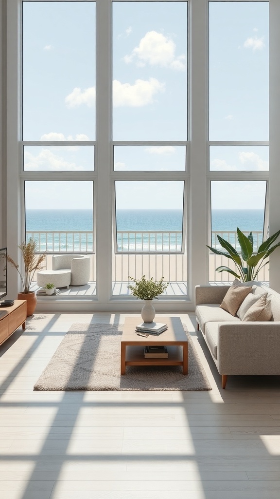 A bright coastal farmhouse living room with large windows overlooking the ocean.