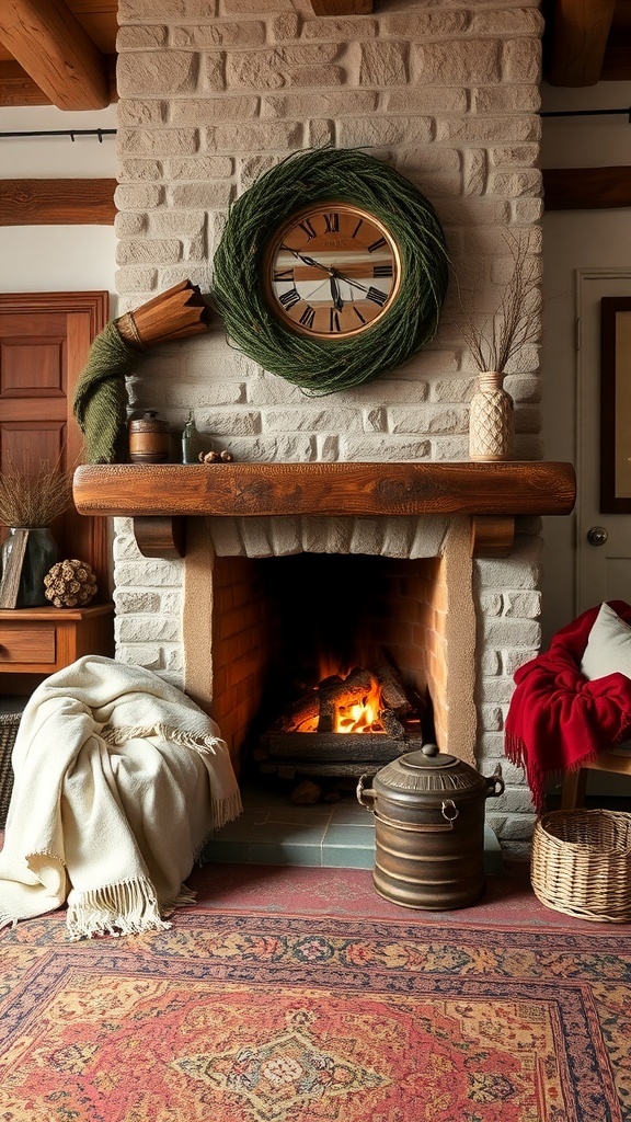 A cozy farmhouse living room with a fireplace, layered textiles, and warm decor.