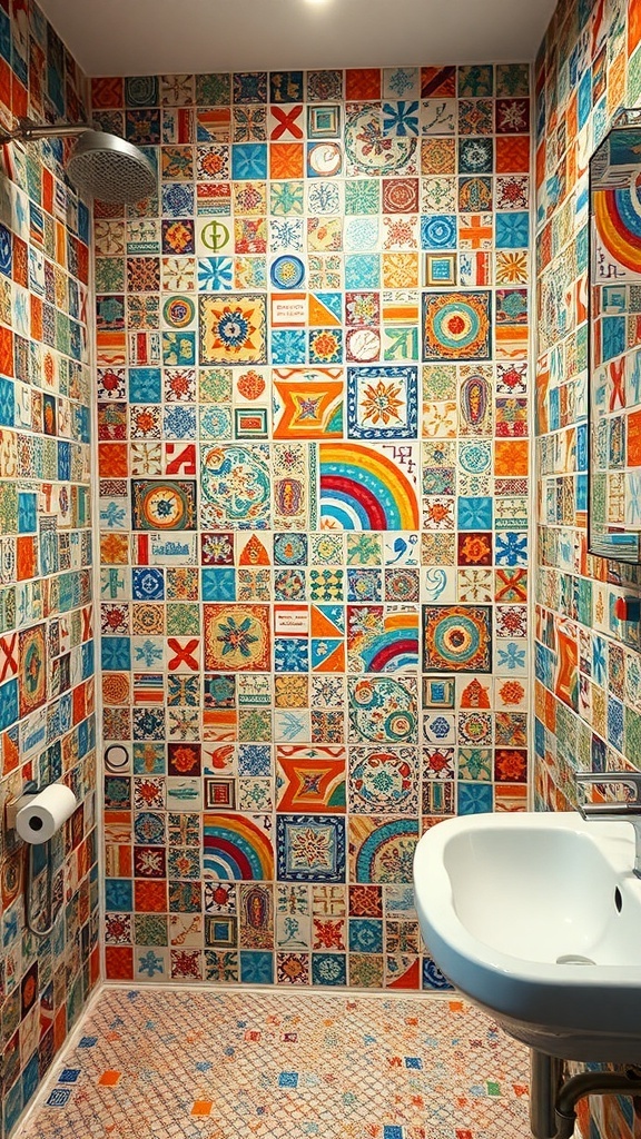A bathroom wall decorated with colorful tile mosaics featuring various patterns and colors.