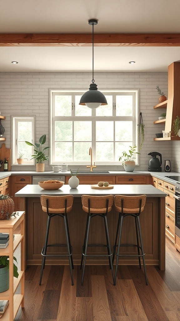 Stylish boho kitchen with a wooden island and bar stools, featuring natural materials and plants.