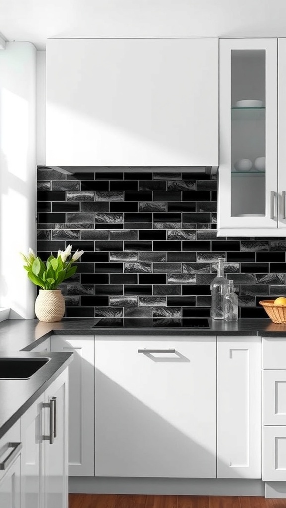 Black and gray gradient kitchen backsplash with white cabinets and black countertop.