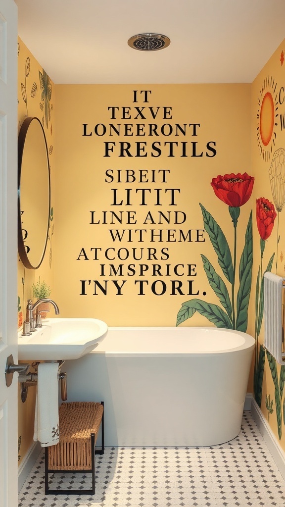 Aesthetic bathroom with a yellow statement wall featuring bold text and floral designs.