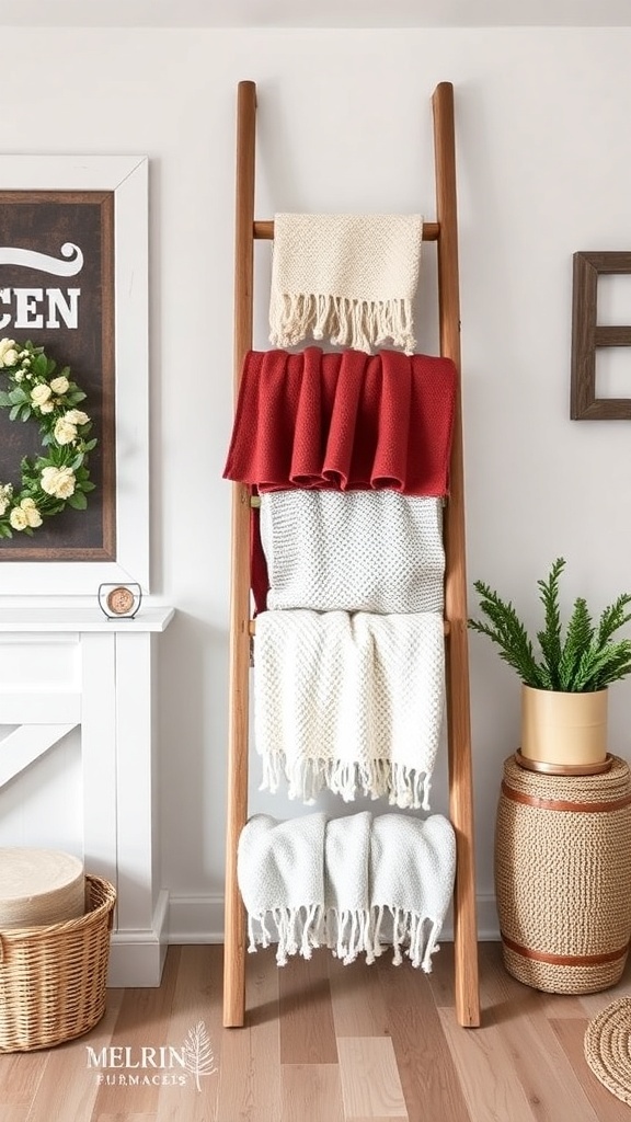 A wooden ladder blanket rack displaying cozy blankets in a farmhouse living room.