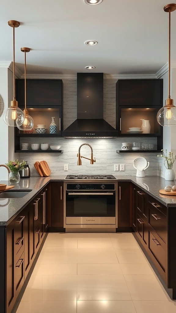A modern kitchen featuring dark cabinetry, stylish pendant lights, and a sleek stove.