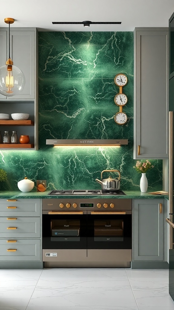 A modern kitchen featuring a lush green marble backsplash with sage green cabinets and stylish decor.