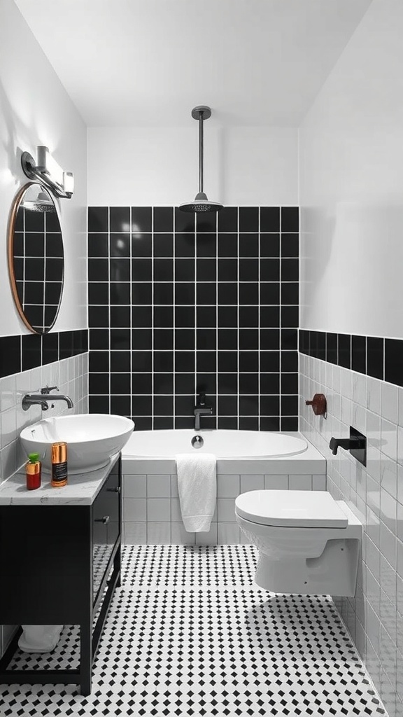 A stylish bathroom featuring a black and white monochrome palette with square tiles, a round mirror, and modern fixtures.