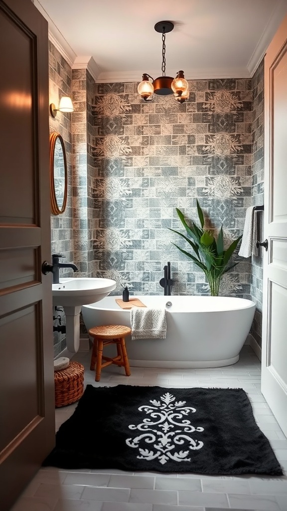 A stylish black and white rug in a modern bathroom setting.