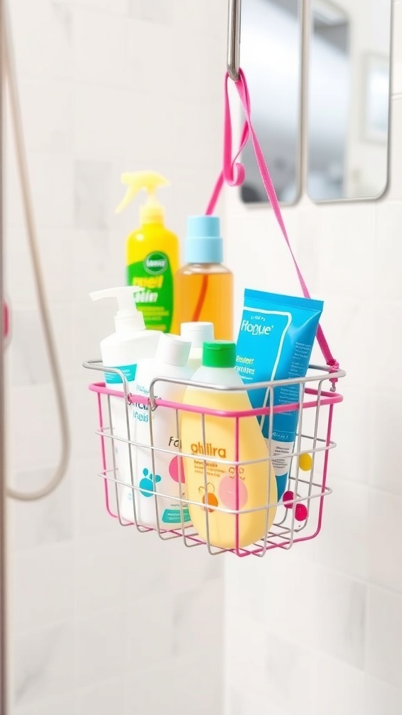 Colorful shower caddy filled with shampoo and body wash hanging in a shower